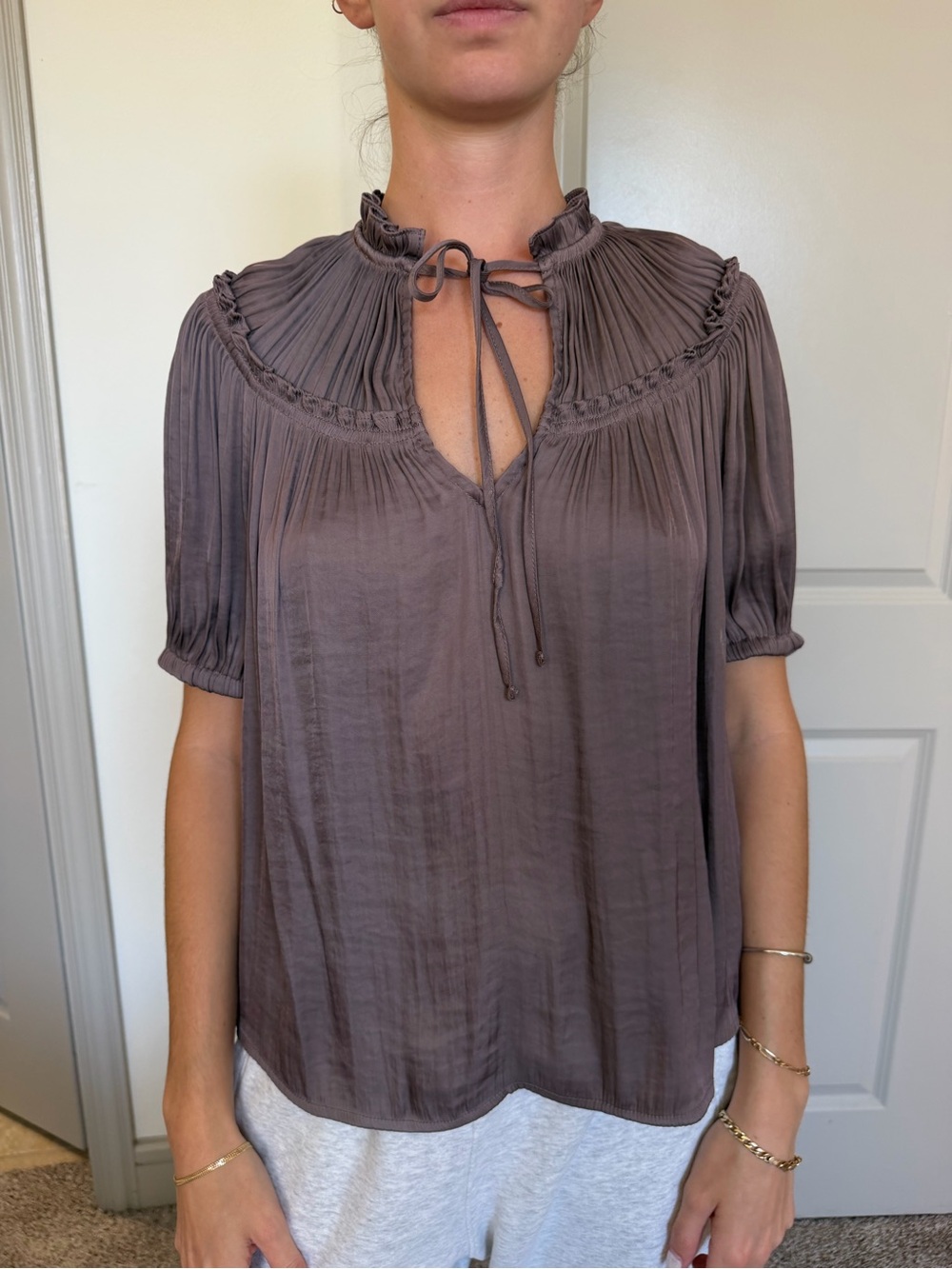 GAP Taupe Pleated Tie-Neck Blouse